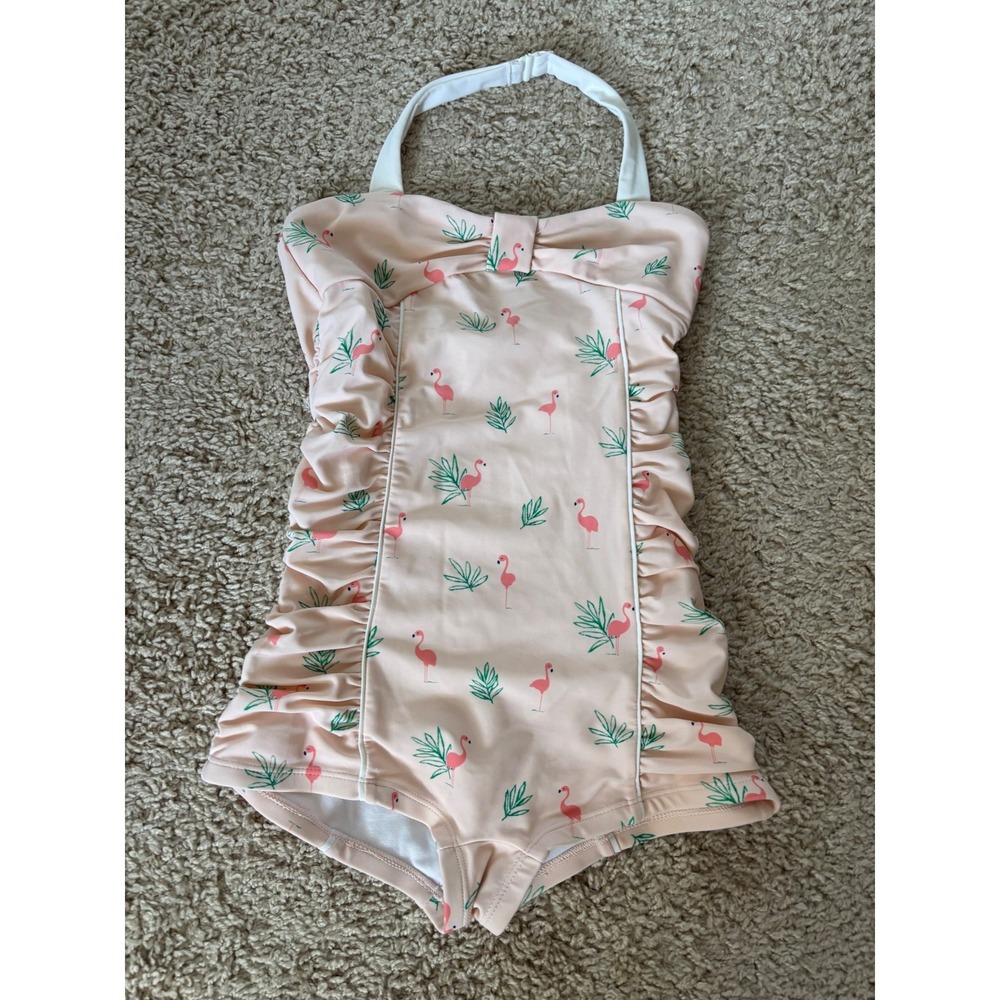 Janie and Jack Girls Pink Flamingo Palm Ruched Halter One Piece Swimsuit Size 8